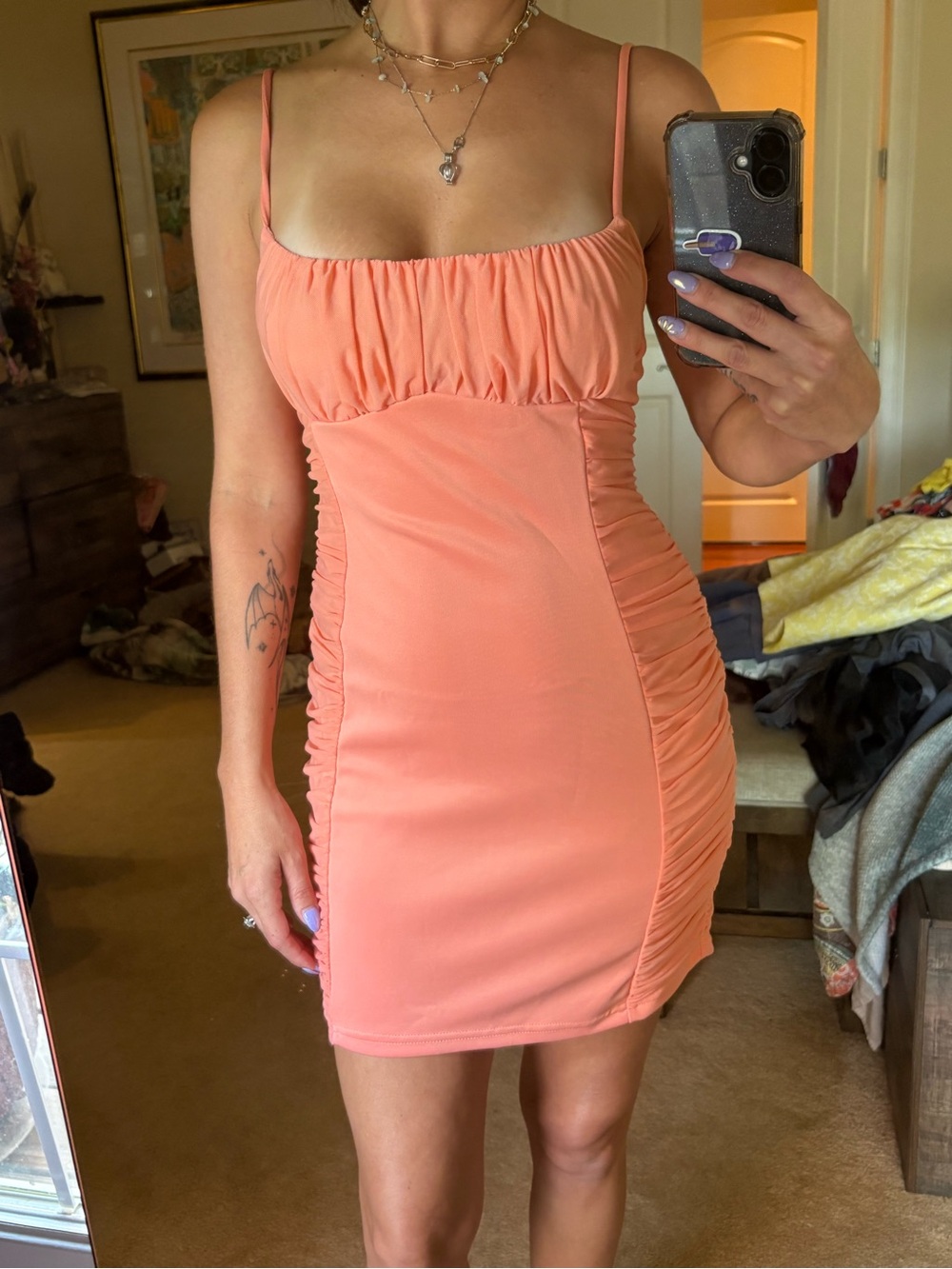 SHEIN Coral Peach Ruched Bodycon Mini Dress